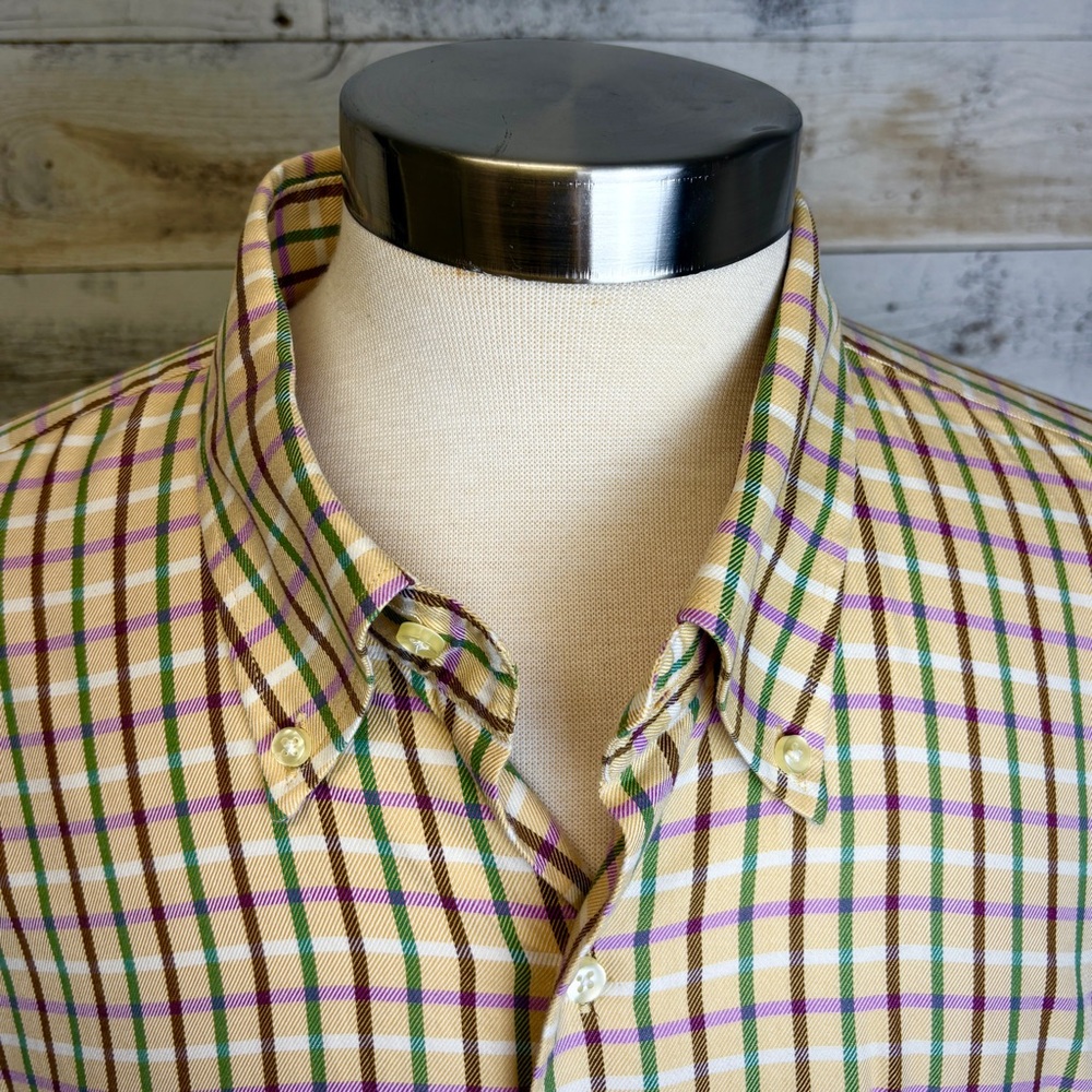 Peter Millar Tan Purple Plaid Shirt Size 2XL L/S Button Down Collar Casual Brown - Picture 6 of 12